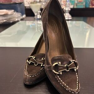 Talbots Dark Brown Suede Pumps with Gold Buckles